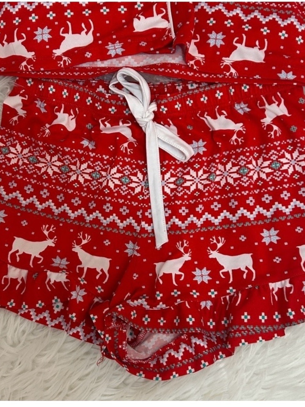 Women's Red Reindeer Print Short Pajama Set - Cozy Holiday Sleepwear - Picture 3 of 5